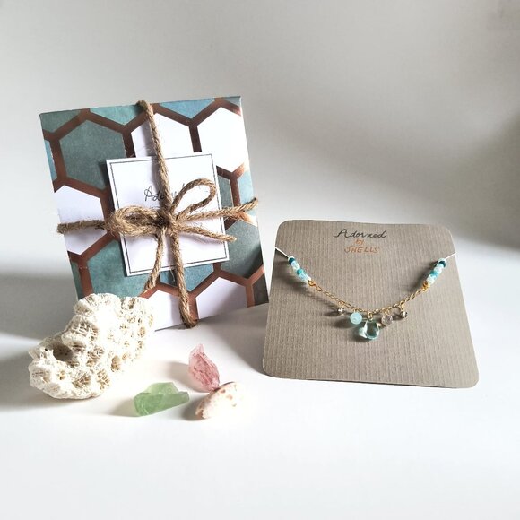 Beaded Chain Necklace Aqua Blue Crystals & Charms, Stainless Steel Heart Jewelry - Picture 5 of 9